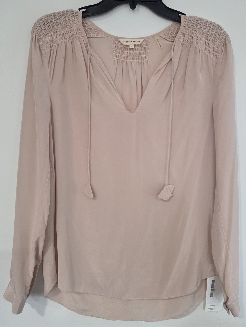 Rebecca Taylor Dusty Blush Smocked Yoke Tie-Neck Blouse